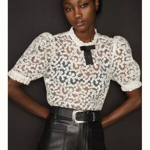 Anthropologie White Lace Blouse with Black Bow
